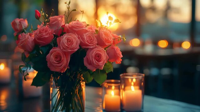 Pink rose bouquet with candle glow at evening window