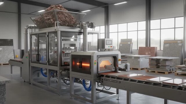 Medium shot of machinery reprocessing granite offcuts into new usable tiles highlighting innovative recycling technology in a workshop.