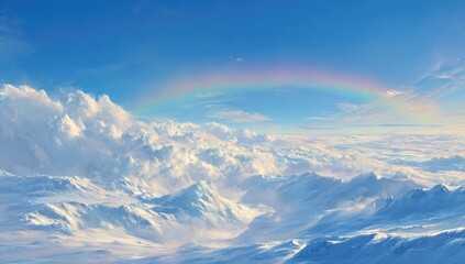 Fototapeta premium Vast, snow-covered mountain range below a vibrant rainbow in a bright blue sky with clouds