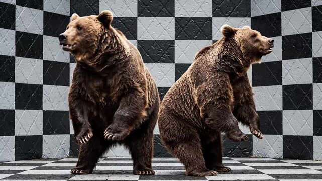 Two brown bears standing in front of black and white checkered background