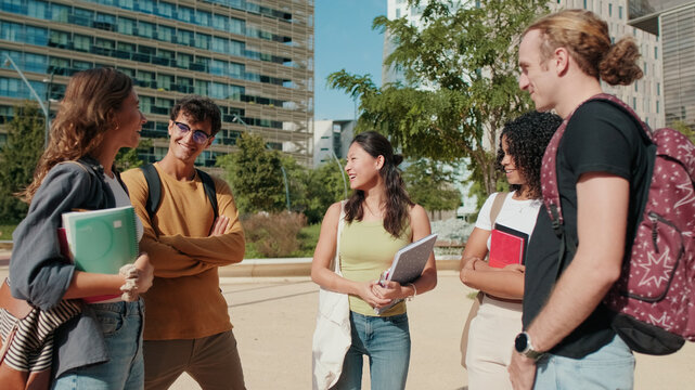 Group of University Students Socializing Outside Campus Grounds
