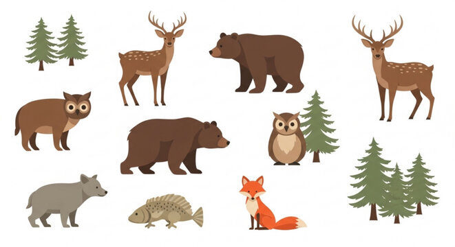 Wild forest animals and trees illustration set with bear deer fox and fish