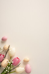 Pastel vertical minimal eggs rest beside white and pink tulips with delicate baby's breath, forming...