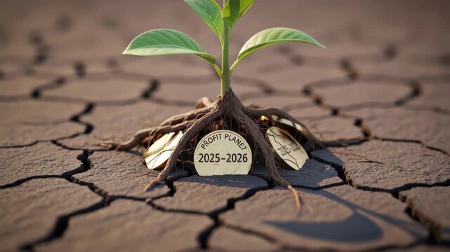 Green seedling growing from cracked soil with 2025 2026 sustainability concept