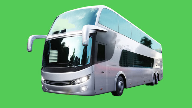 Jorney touristic bus driving fast. realistic dynamic reflections on the car body. green screen isolate. 3d rendering.