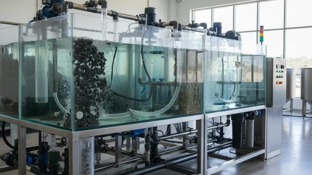 Medium shot of interconnected clear tanks and pipelines showcasing a sustainable water filtration and recirculation system in operation. Bright industrial setting with visible