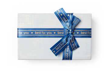 Blue gift box with blue ribbon isolated on white background, top view