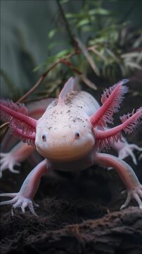 Close-up of a red and white salamander with long toes, on a rock amidst green foliage.