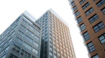 Obraz premium Looking up at modern glass and brick office buildings with many windows on a clear day modern buildings architecture skyscrapers urban cityscape contemporary architecture design transparent background