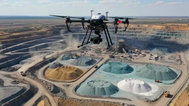 Medium shot of drone navigating above a mineral extraction site documenting infrastructure and stockpiles for operational planning.