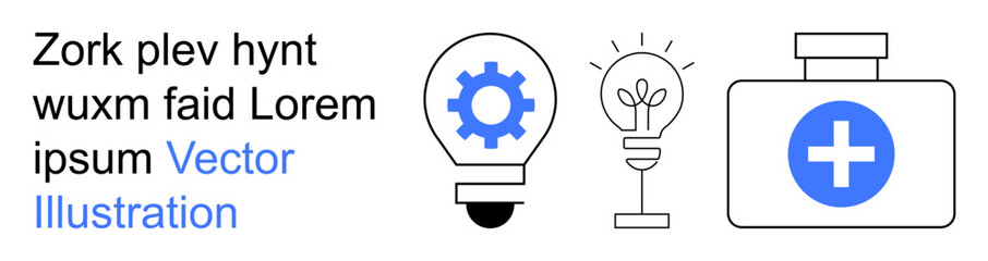 Obraz premium Healthcare, innovation, technology, problem-solving, medical solutions, creative thinking. Bold medical cross, light bulbs with ideas gear symbol. Healthcare and innovation concept