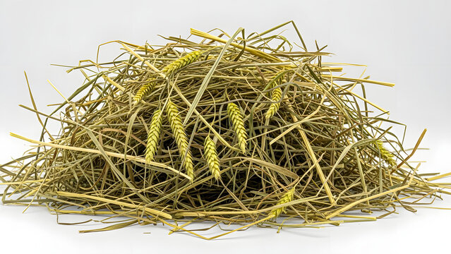 A loose pile of dry golden hay and straw, interspersed with vibrant green wheat spikes, creating a natural and organic agricultural scene on a white studio background