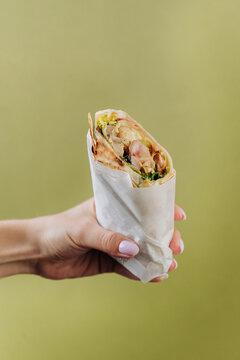 Hand holding grilled pork wrap with greens on green background
