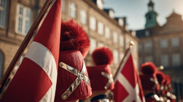 Danish flag close-up with Royal Life Guards near Amalienborg Palace in sunlight