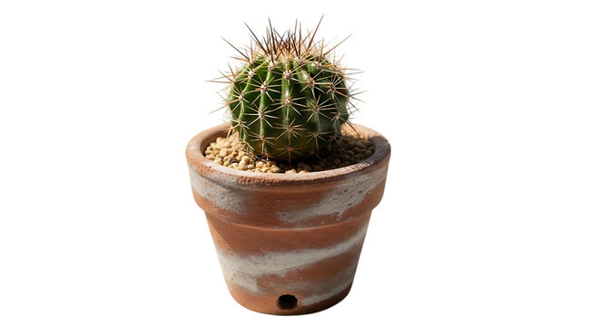 A small green cactus in a terracotta pot on transparent background