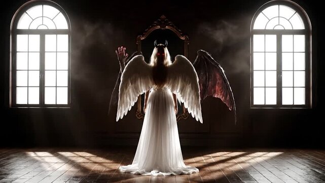 A woman in a white dress with hybrid wings and red eyes stands in a dark room