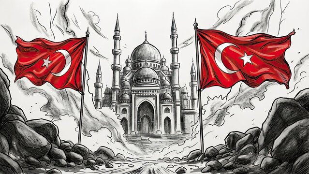 Turkish flags flanking mosque sketch national heritage culture