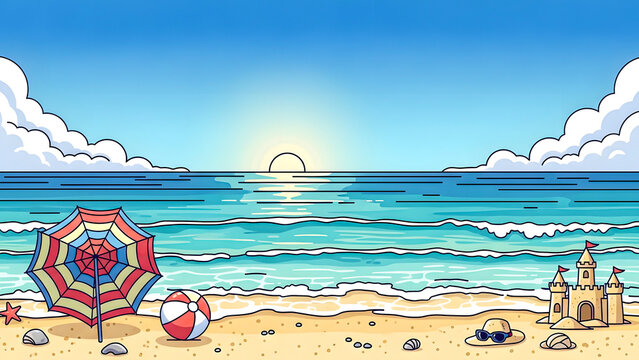 A vibrant beach scene at sunset with an umbrella, sandcastle, and seashells on the shore