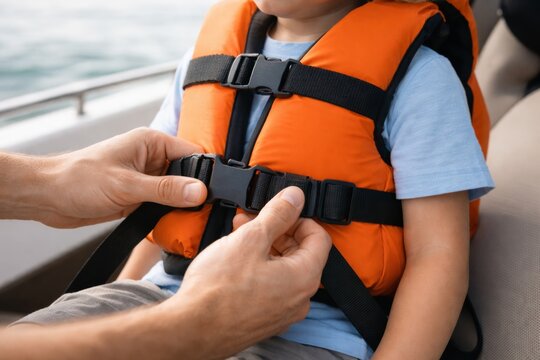 Fastening Life Jacket on Child for Water Safety and Protection