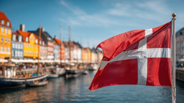 Denmark flag waving by Nyhavn harbor in Copenhagen during sunny weather Generative AI