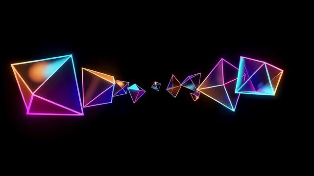 Abstract glowing geometric shapes moving through a dark tunnel. Neon light particles flying in digital cyberspace background animation.