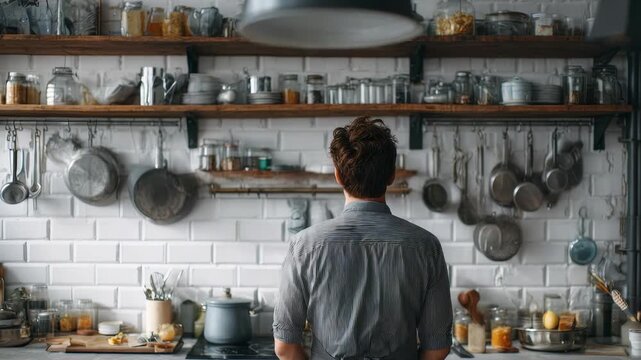 The kitchen features white subway tiles, wooden shelves, and an array of kitchenware, creating a warm and inviting space. Natural light highlights the organized and stylish culinary environment