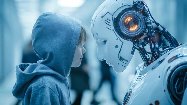A boy and an advanced robot share an intimate, emotional interaction, symbolizing the future of human robot relationships. The scene highlights technology, empathy, and innovation in society