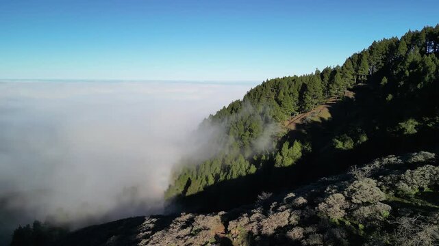 Gran Canaria &ndash; Wyspy Kanaryjskie &ndash; Hiszpania &ndash; Niesamowite widoki g&oacute;rskie uchwycone dronem. Szczyty g&oacute;rskie, chmury, las, skały i g&oacute;rskie drogi.