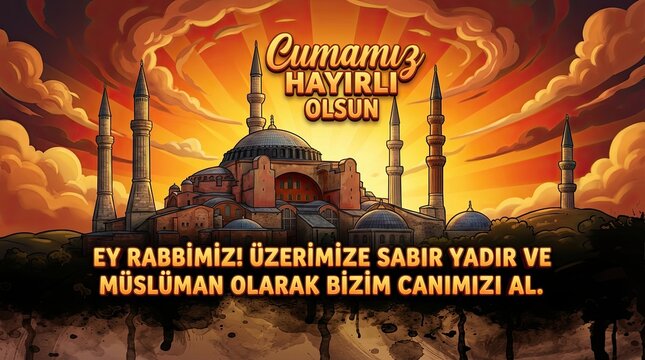 Hagia Sophia Illustration: A digitally rendered image of the iconic Hagia Sophia mosque, bathed in the warm light of a sunrise or sunset. The image features traditional Islamic text and calligraphy.