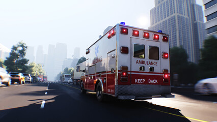 An ambulance driving fast on a city street. 3d rendering. © 3D motion