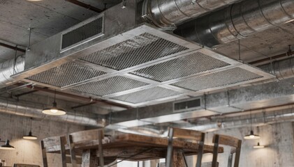 Focus on industrialstyle ceiling ventilation units with exposed ductwork above a rustic dining space highlighting metal filtration grilles in sharp focus.