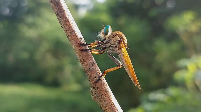 Asilidae or robber flies, predatory flies, cannibal insects