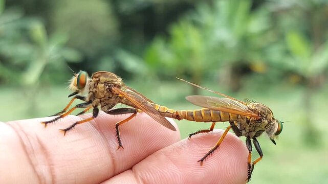 Asilidae or robber flies, predatory flies, cannibal insects