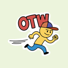 Naklejka premium A simple hand drawn illustration of a yellow cartoon character in a blue cap running with OTW text on a light green background. Ideal for status stickers, delivery icons, and messaging.