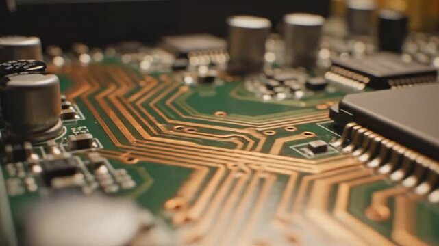 Close-up view of a circuit board with copper wiring and microelectronic components in a complex technological setup