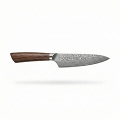 Professional Damascus steel chef knife with walnut handle levitating on white background