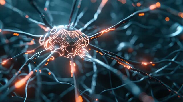 The features a dramatic representation of a neural network with bright neon lights, a concept or idea related to AI and machine learning.