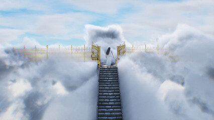stairway to heaven. A woman stands in front of a paradise, eden gates. Religious concept. 3d rendering. © 3D motion