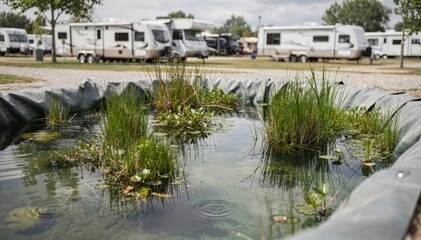 Obraz premium Medium shot of an ecofriendly lined basin with clear water filtration featuring focused reed beds while RV park surroundings gently blur in the background.