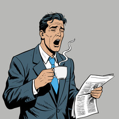 Retro illustration of a yawning man in suit reading a newspaper
