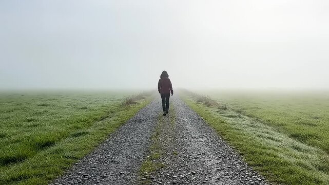 Person walking along a narrow gravel path through a vast open green field during daytime