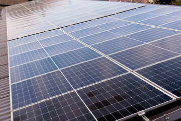 Solar panels installed on industrial rooftop generating renewable energy