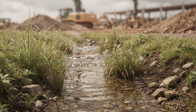 Medium shot of a swale with focused plants and water flow blurred construction site in background illustrating stormwater runoff management.