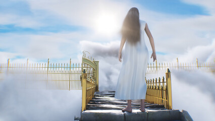 stairway to heaven. A woman stands in front of a paradise, eden gates. Religious concept. 3d rendering. © 3D motion