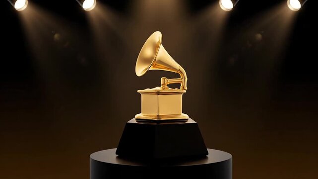 A golden Grammy award trophy is displayed on a pedestal under spotlights.