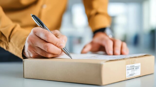 A man in a yellow shirt signs a document on top of a cardboard box, representing delivery confirmation and parcel receipt. The scene highlights modern courier services and e commerce transactions