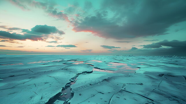 Surreal Frozen Landscape With Cracked Ice and Pastel Sky at Dusk, Cinematic style