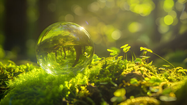 Glass Earth Sphere Resting on Moss with Golden Sunlight