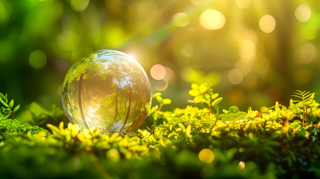 Glass Earth Sphere Resting on Moss with Golden Sunlight, sustainability, ESG 