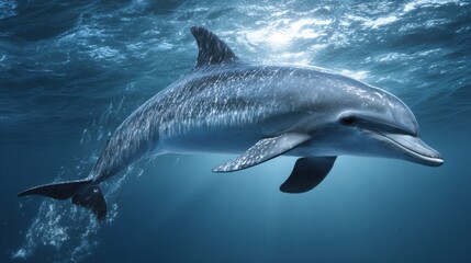 Fototapeta premium Dolphin Swims Across Water From Left to Right With Open Space Ahead Ideal for Text in Banner Design